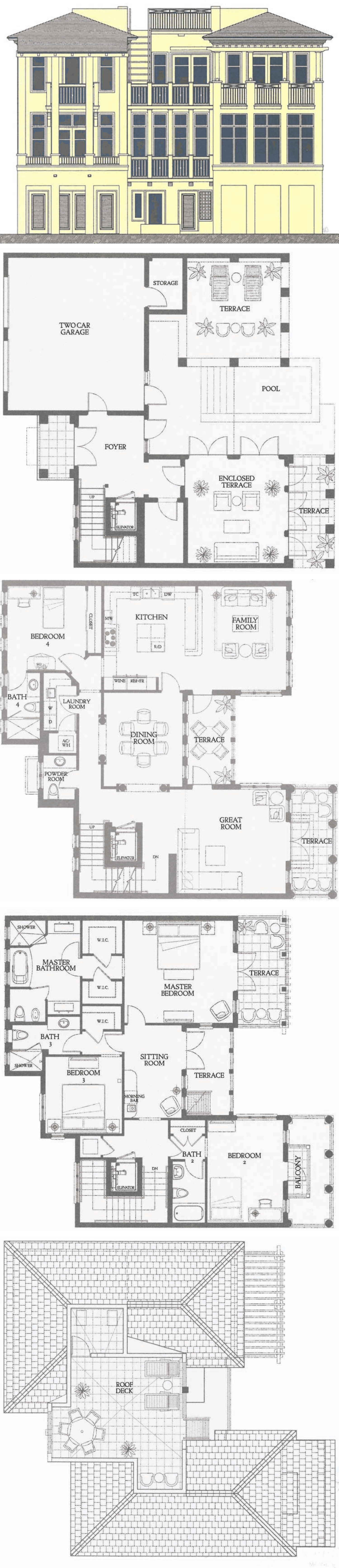 Plan D complete floor plan — three-story waterfront residence at Marlin Bay Yacht Club, Marathon, Florida Keys