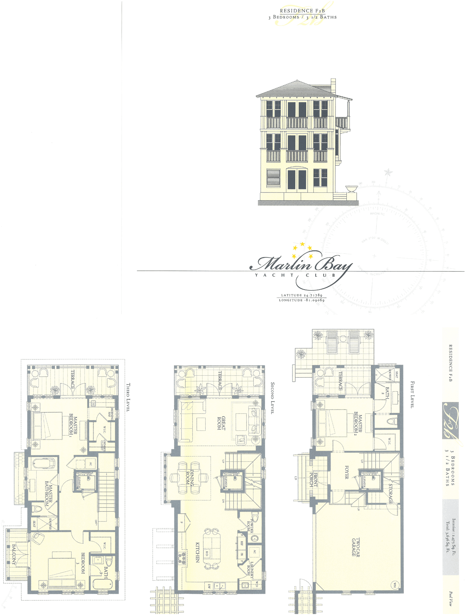 Plan F-2b complete floor plan — three-story waterfront residence at Marlin Bay Yacht Club, Marathon, Florida Keys