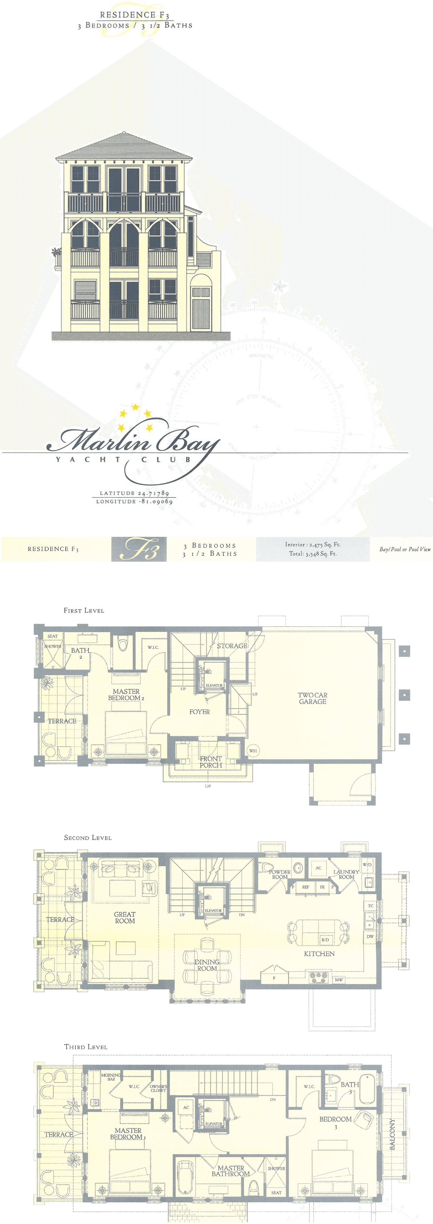 Plan F-3 complete floor plan — three-story waterfront residence at Marlin Bay Yacht Club, Marathon, Florida Keys