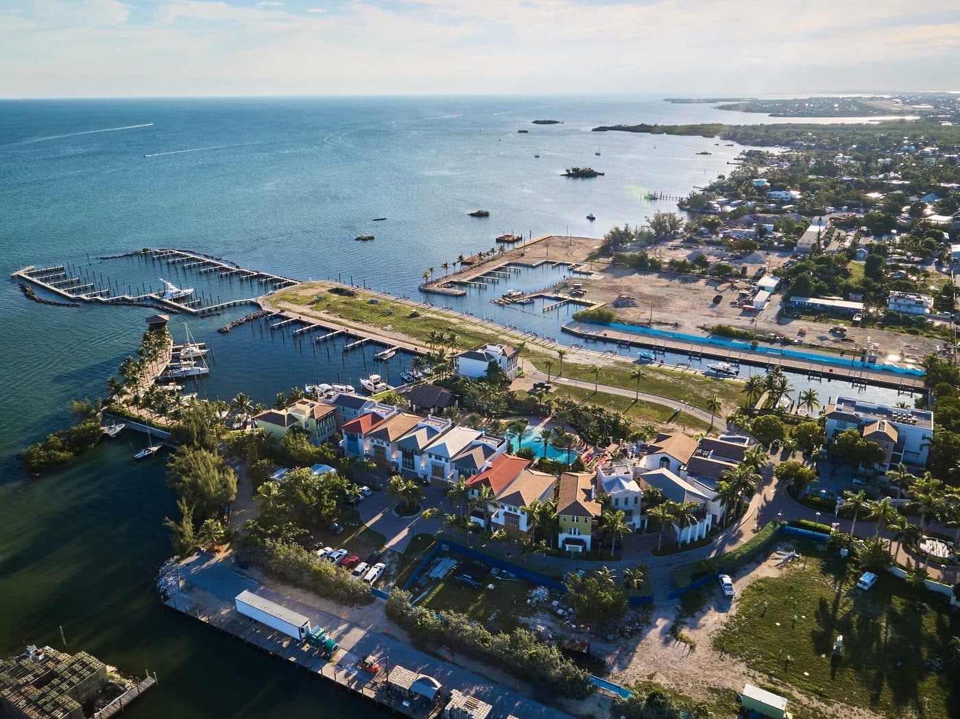 Aerial view of the Marlin Bay marina basin and the city of Marathon in the Florida Keys