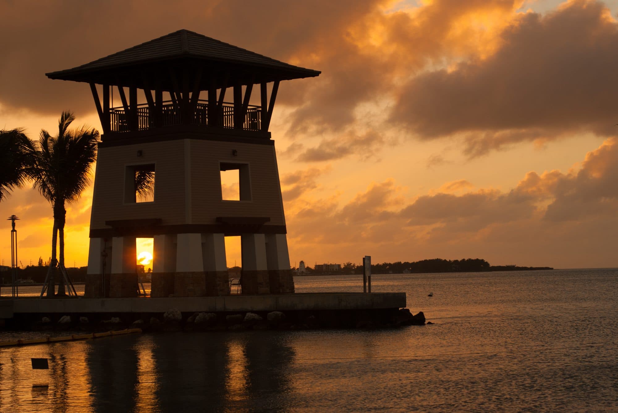 Sunset Point observation tower over Florida Bay at sunset, Marlin Bay, Marathon FL