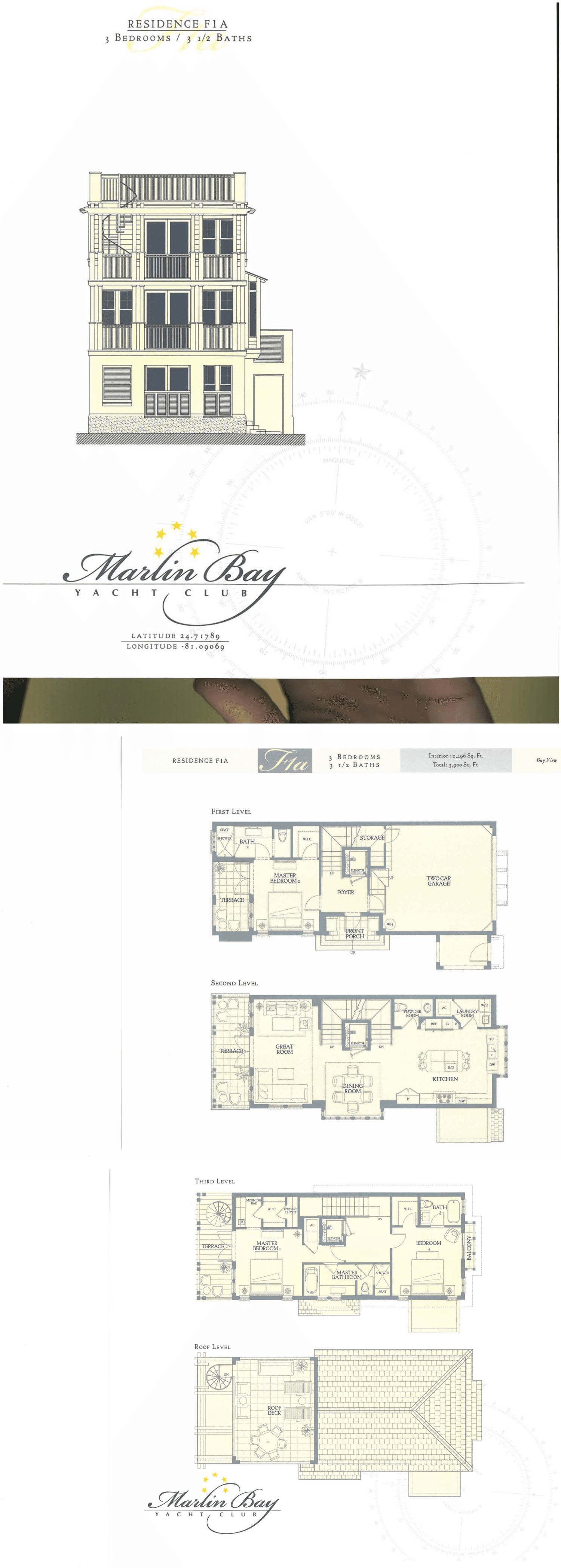 Plan F-1a floor plan for Residence 21 — 3 bedroom, 3.5 bath three-story waterfront home at Marlin Bay Yacht Club, Marathon, Florida Keys