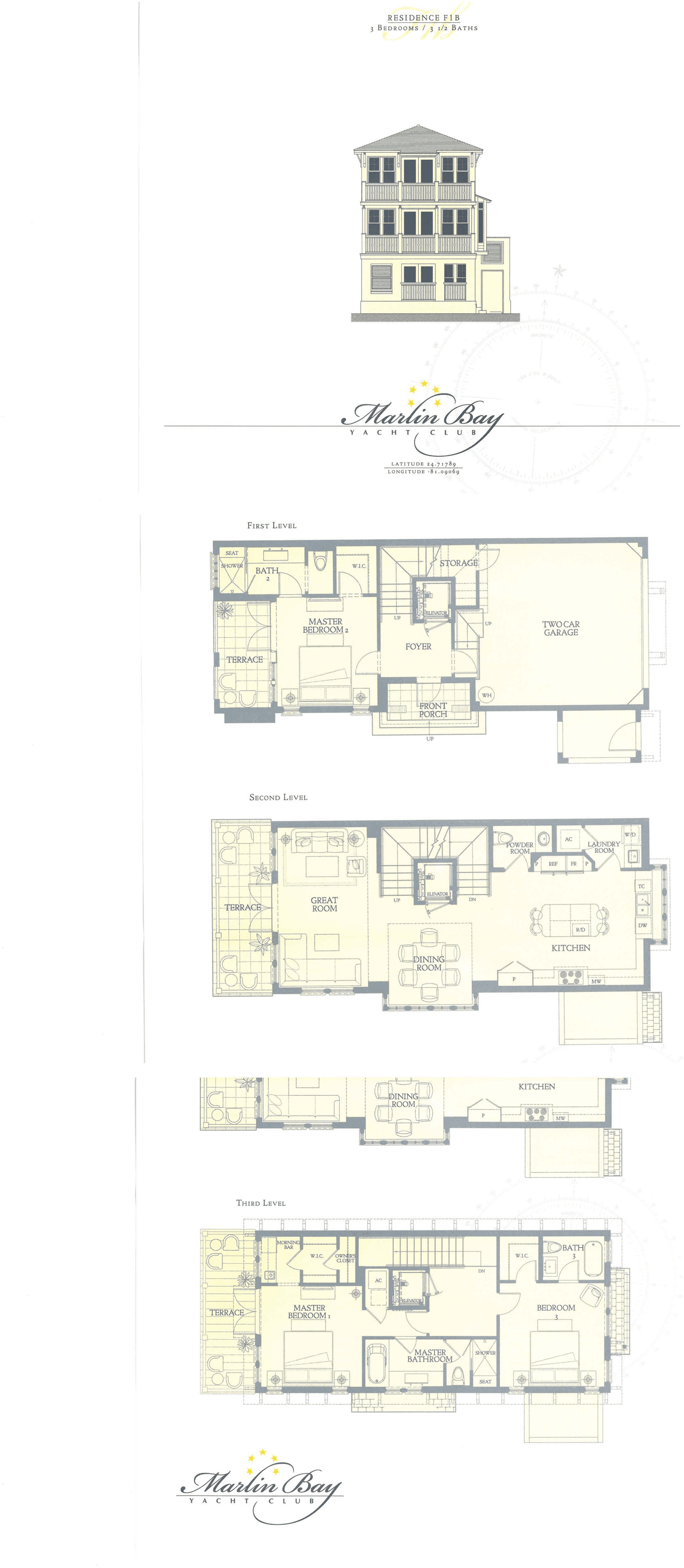 Plan F-1b floor plan for Residence 22 — 3 bedroom, 3.5 bath three-story waterfront home at Marlin Bay Yacht Club, Marathon, Florida Keys