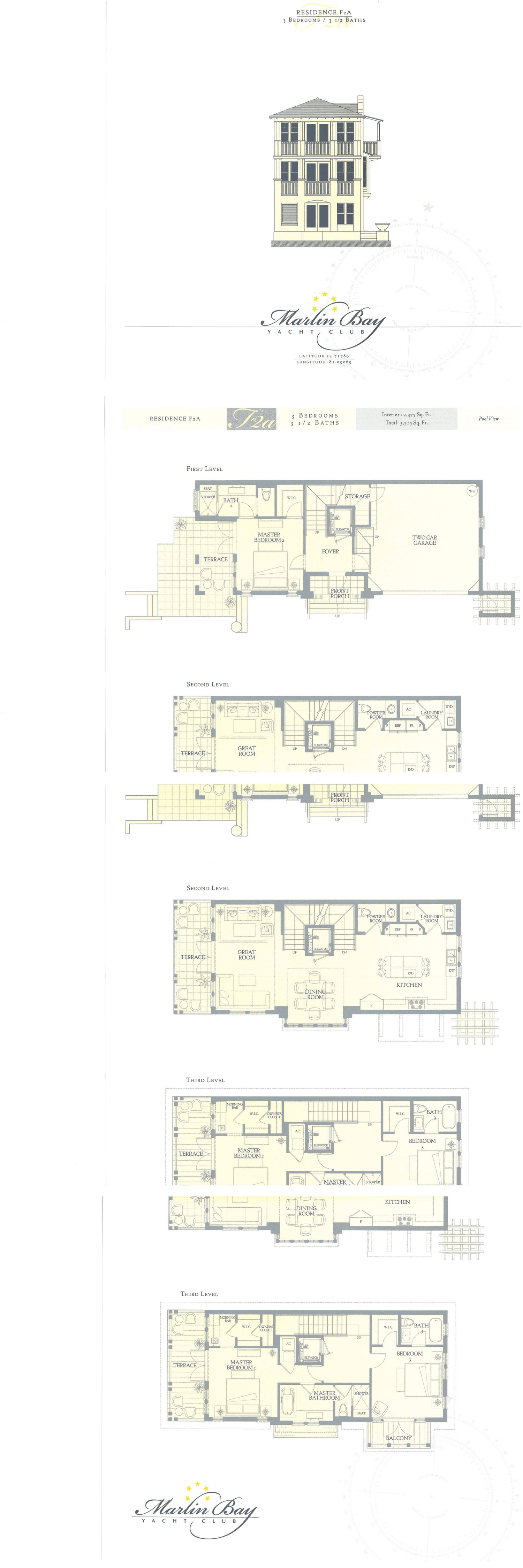 Plan F-2a floor plan for Residence 26 — 3 bedroom, 3.5 bath three-story waterfront home at Marlin Bay Yacht Club, Marathon, Florida Keys