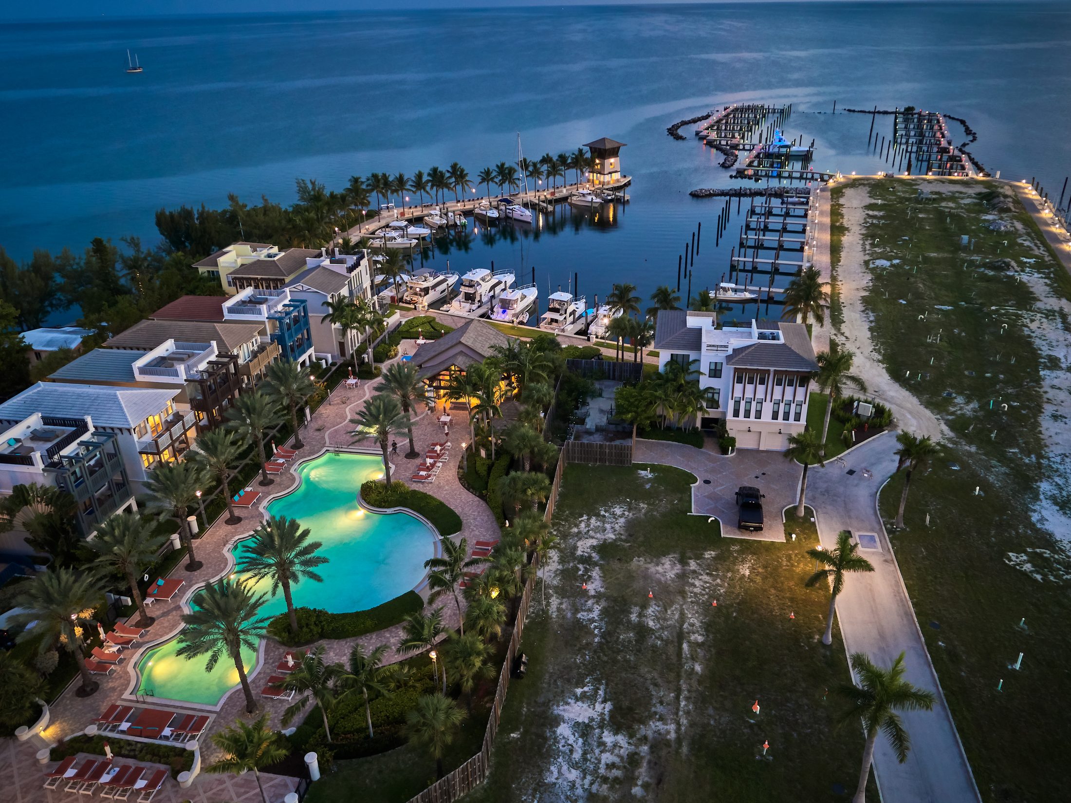 Marlin Bay waterfront community and marina at dusk, Marathon, Florida Keys